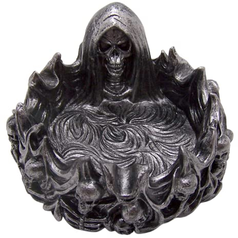 Gruseliger Sensenmann Aschenbecher mit Totenköpfen, freistehende Halloween-Dekoration, gotisches Akzentstück, 11,9 cm