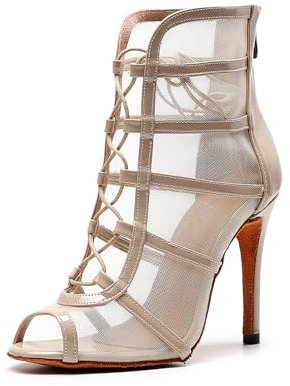 YKXLM Stivali da Ballo Latino Americano Donna con Punta Aperta con Tacco con Lacci Scarpe da Ballo Donna,8.5cm,Nudo,38EU