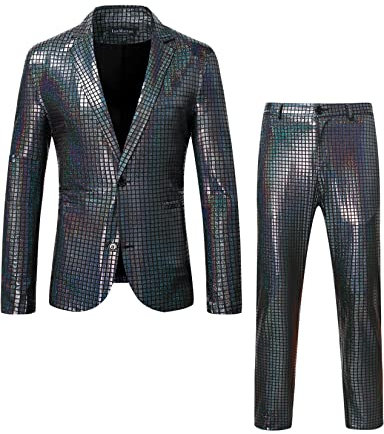 LucMatton Herren 2-teiliges Disco-Set, glänzende Jacke und Hose, metallische Pailletten, Schwarz , S