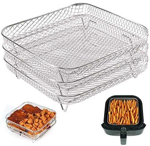 BYKITCHEN Air Fryer Racks, Square Three Layers with 4 Feet Stacking 304 Rack, Air Fryer Basket Tray, Air Fryer Accessories, Grilling Rack for Ninja Speedi 5.7L, Instant, Cosori Air Fryer