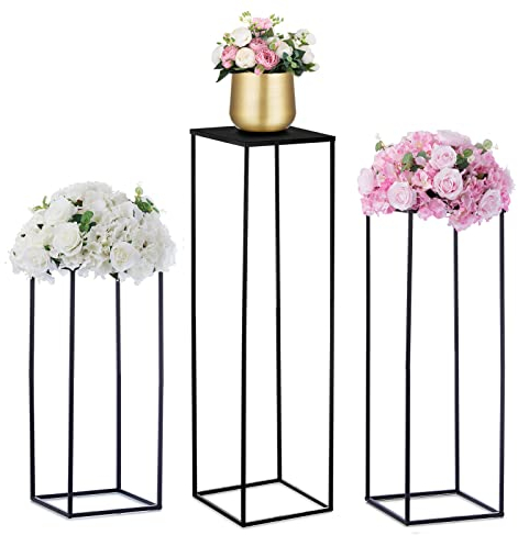 Nuptio Vase Noir pour Centre de Table de Mariage 3 Pièces Vases pour Plante Haute Grande Colonne Présentation Métal Géométrique pour Décoration Fête d'anniversaire À Maison(60cm/80cm/100cm)