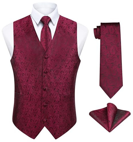 Enlision Herren Weste Rot Paisley Floral Jacquard Weste mit Krawatte und Einstecktuch Taschentuch Weste Anzug Set Hochzeit,XXXL