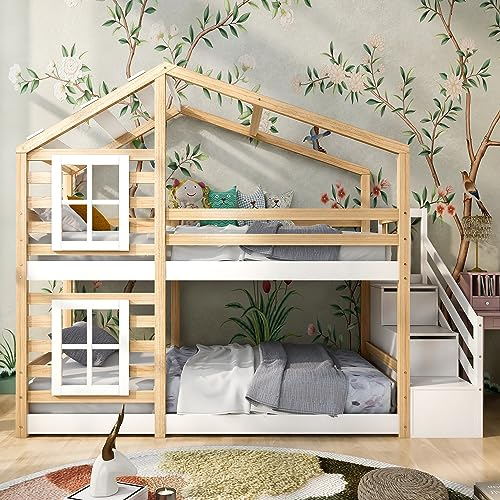 Hochbett mit Treppe & Schubladen, Etagenbett Stockbett für 2 Kinder mit Rausfallschutz und 2 Lattenrost, Massivholz Kinderbett, Jugendbett, Doppelbett Hausbett, 90x200