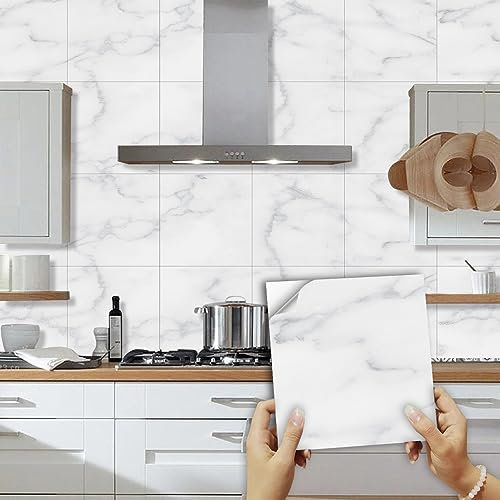 Azulejos Adhesivos Cocina 15X15 Mármol Blanco Vinilos para la Cocina Azulejos Adhesivos Azulejos Baño 3D Losetas Vinilo para Paredes,Pegatina de Pvc para Decorar Azulejos Muebles(10 piezas)