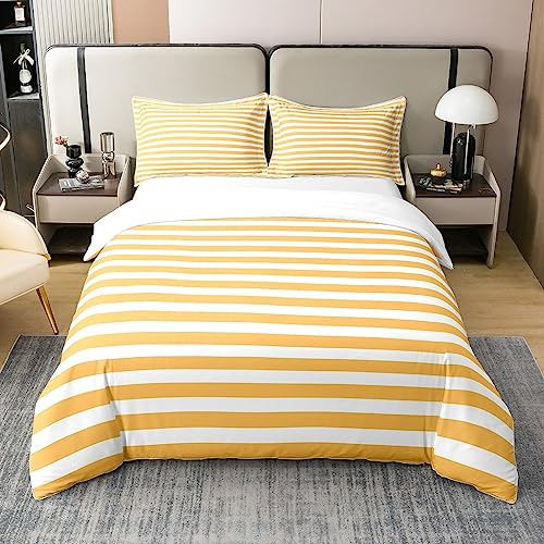 100 % Baumwolle, gewaschen, gelb, weiß, Bettbezug 220 x 240 cm, gestreift, Bettwäsche-Set mit horizontalen Streifen und geometrischen Linien, modernes abstraktes Bettwäsche, 2 Kissenbezüge