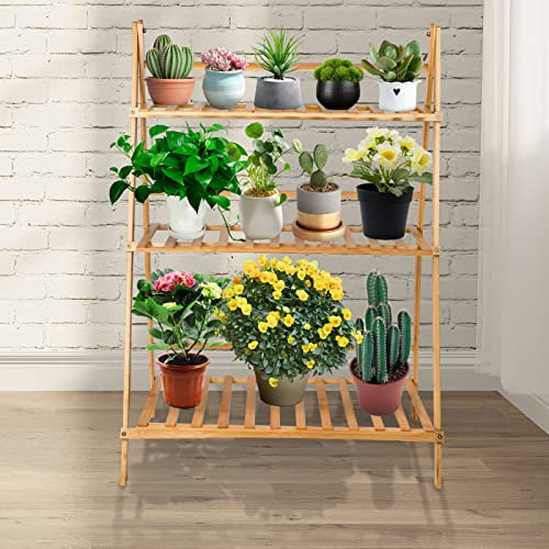 Cannoli Étagère à plantes pliable support pour plantes présentoir en bambou avec 3 étagères barre de suspension intérieur/extérieur 70*40*96cm-trois couches bois naturel
