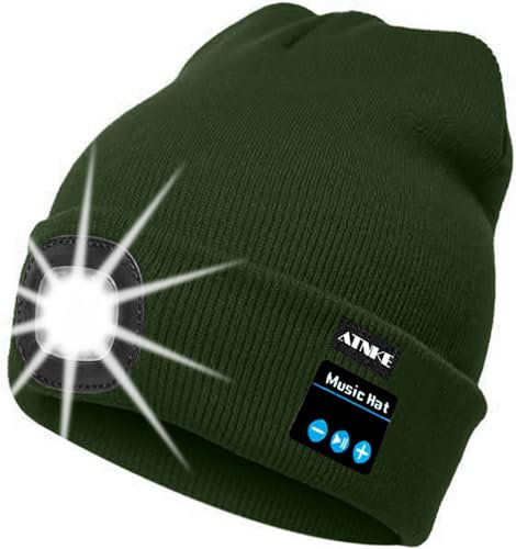 ATNKE LED beleuchtete Bluetooth Beanie Kappe, wiederaufladbare USB-Musikalische Laufmütze mit extrem hellem 4 LED Licht wasserdichte Lampe für das Skifahren/Dark Army Green