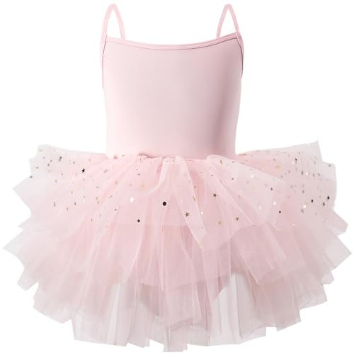 AIEOE Tanzkleider für Mädchen Ballettkleid Ballett Trikot Schrittgurt Mit Knopf Kurzer Volant Ärmel Ballett Tanz Gymnastik Kinder 6-8 Jahre Rosa A02