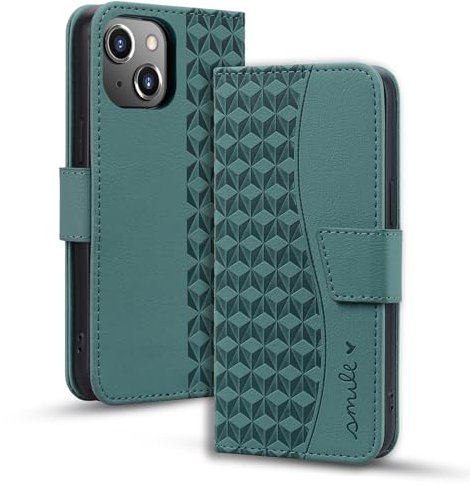 LOLFZ Case for iPhone 13 Mini 5.4, Flip Folio Wallet Case Premium PU Leather Card Holder Kickstand TPU Shell Magnetic Closure Shockproof Phone Cover for iPhone 13 Mini - Green