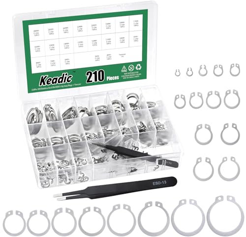 Keadic 211Pcs 21Sizes C-clip Interne Snap Ringe Sortiment Kit mit Pinzette, 304 Edelstahl [M4 bis M28] Externe Circlip Halteringe für gerillte Wellen Pins Studs (304 Stainless Steel C-clip)