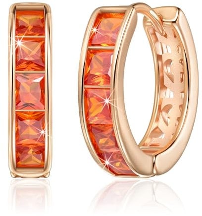 Linawe Hoop Huggie Earrings for Women, Rose Gold Cartilage Helix Tragus Piercing Jewellery, Orange Cubic Zirconia Imitation Diamond Rhinestone Crystal Stud Earrings Dainty Small Hoops