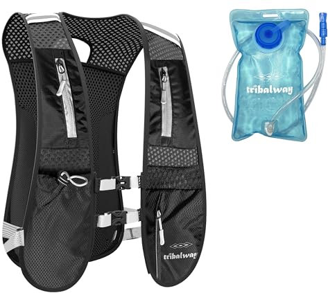 Tribalway Running Vest with Water Bladder – Hydration Vest for Men & Women, Breathable Running Backpack, Reflective Strips, Phone Holder, Water bottle Holder - Black
