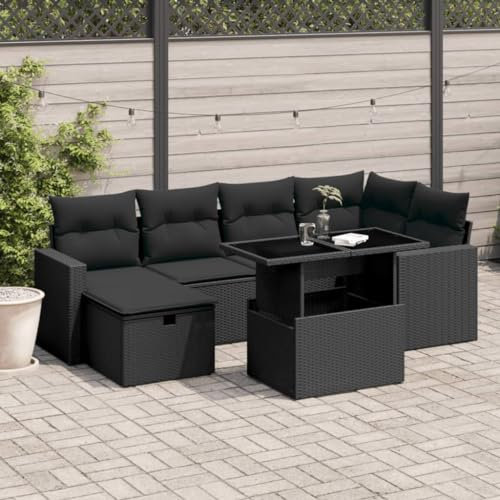 Homgoday 7-TLG. Gartenlounge Set Gartenmöbel Loungemöbel Gartensofa Sitzgruppe Lounge Balkonmobelset Eck Terrassenmöbel Ecksofa Ecklounge Sofa mit Couchtisch Schwarz Poly Rattan