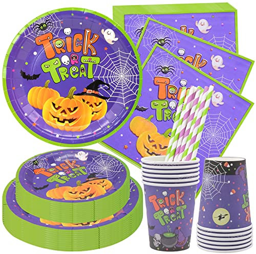 Cisolen 60 Pezzi Set di stoviglie per feste di Halloween tavola per feste usa e getta, per feste, tazze, tovaglioli, decorazione da tavolo, per decorazioni per feste di Halloween compleanno (Viola)