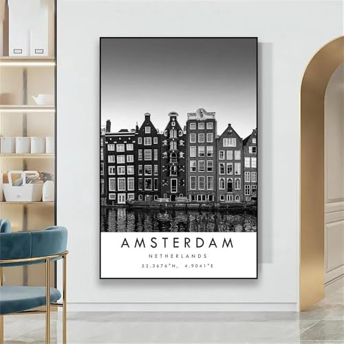 Baibexing Amsterdam Reiseposter Niederlande Schwarz-Weiß-Druck Leinwandgemälde Koordinaten Minimalistisches Wohndekor Stadtdrucke Bild 60X90Cm Kein Rahmen