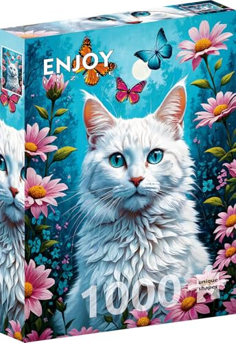 1000 Pieces Jigsaw Puzzle for Adults – Matte Finish, Soft Touch, Sturdy and Unique Pieces, Tight Fit, Vivid Colors, Missing Pieces Service – White Cat in Flower Garden Illustration – by ENJOY Puzzle