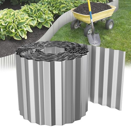 HENGMEI Rasenkante 10m Beetbegrenzung aus Metall Beeteinfassung Beetumrandung Verzinkt Rasenbleche Mähkante Flexible Rasen Umrandung, 15cm Hoch, Silber