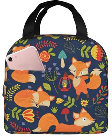 Hulnulnu Isolierte Lunchtasche mit süßem Tier, Fuchs, Blumendruck, wiederverwendbar, tragbar, Kühlbox, Lunchbox, wasserdicht, Lunch-Tasche für Picknick, Büro, Arbeit