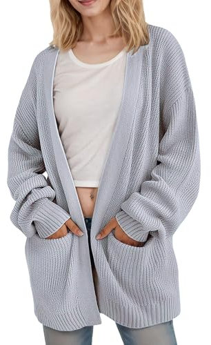 Jhsnjnr Womens Oversized Long Cardigan Balloon Sleeve Open Front Sweater Casual Knitwear Outwear Grey