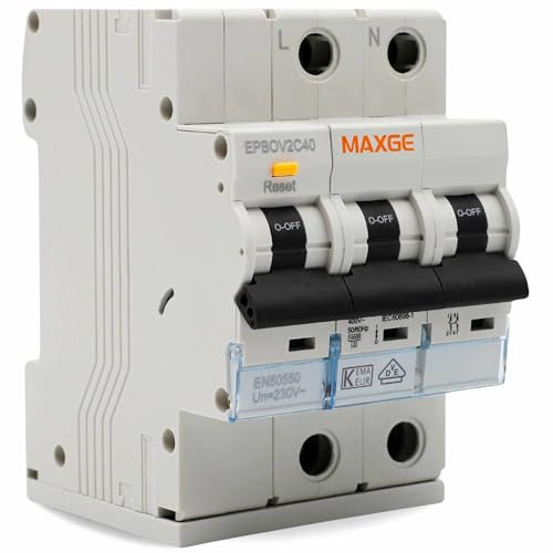 TECHZOCO Protección combinada IGA + sobretensión permanente, Protector monofásico, Protección contra sobretensiones, Norma EN50550, Curva C, Rango de actuación 170V a 280V, 6kA, 2 Polos. 40A