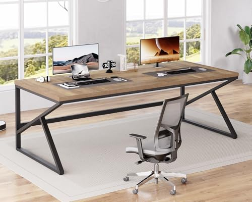 HSH 200 cm Rustikale Schreibtisch, Computertisch für 2 Personen HomeOffice | Industrielle Holz Metall Konstruktion mit Trittbrett als Büromöbel mit Schreibtisch Groß Extra Lange Arbeitsfläche