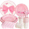 SUNBEAUTY 80 platos de papel rosa con lazo para fiestas, para cumpleaños, niñas, incluye vasos de papel, servilletas, pajitas, platos de papel para bodas, jardines, fiestas de cumpleaños