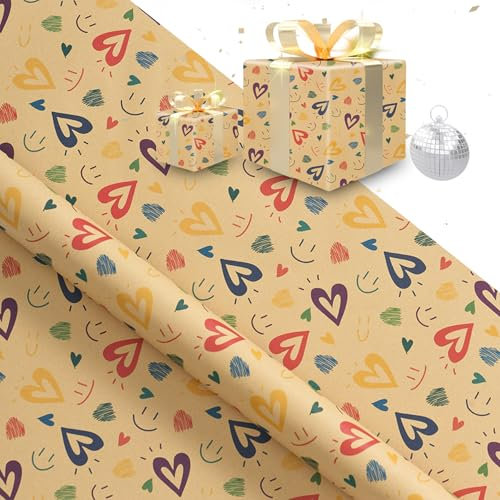 Dmnnlp 6 Blatt Herzen Geschenkpapier, 70 x 50cm Vintage Kraft Herz Geschenkpapier, Gift Wrapping Paper Braun für Valentinstag Geburtstag Hochzeit
