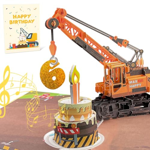 Carte pop-up 3D anniversaire 6 ans avec lumière & musique – Camion-grue | Joue Joyeux Anniversaire | Pour garçon, neveu, petit-fils, fils | Avec enveloppe & carte message