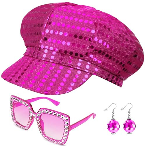Dreamtop Abba-Kostüm-Set mit Pailletten, für Erwachsene, 70er-Jahre, Abba-Zubehör mit blauem Hut, Sonnenbrille, Ohrringen, Abba-Kostüm-Set für Damen, Mottoparty, Geburtstag, Tanz, 3 Stück