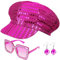 Dreamtop Abba-Kostüm-Set mit Pailletten, für Erwachsene, 70er-Jahre, Abba-Zubehör mit blauem Hut, Sonnenbrille, Ohrringen, Abba-Kostüm-Set für Damen, Mottoparty, Geburtstag, Tanz, 3 Stück