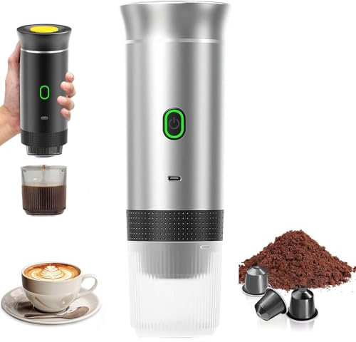 PZCC Machine à Café Portable de Voyage, Chauffage Rapide 3 En 1 Cafetiere Portable 12V, Chauffage Rapide, Compatible avec Grandes et Petites Capsules et Café Moulu, Pour Voyage (Argenté)