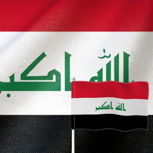 YongFoto Irak-Flagge, 90 x 152 cm, doppelseitig, Sackleinen, irakisches National-Banner, vierseitig genäht, helle lebendige Farben, langlebig, UV-beständig, wetterfest, Garten, quadratisch, Outdoor
