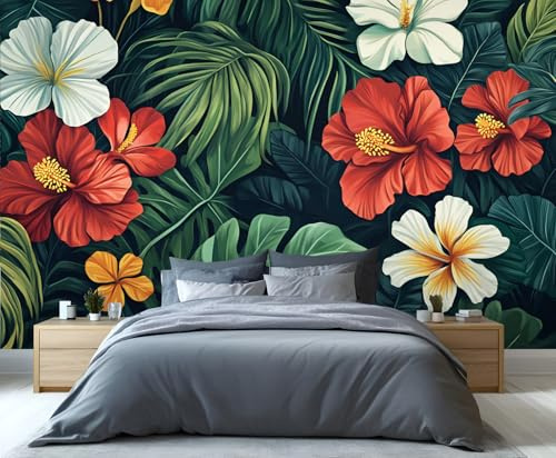 YXQAIED Floral Wallpaper, Monstera Wallpaper for Living Room Tropical Plants Bedroom Wallpapers, Red and White 3D Photo Murals for Kitchen Decor, 390x260cm (Not Peel and Stick)