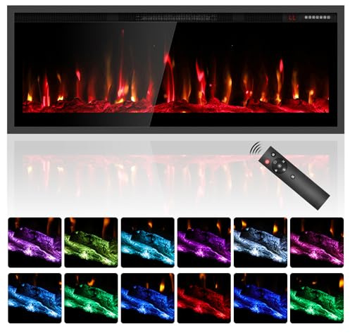 42 Electric Fireplace Heater, Wall Mount/Recessed, 1500W & 750W Modes, 7 Flame & 12 Ember Colors, Remote & Touchscreen Control, 8H Timer, 40dB Ultra-Quiet, UKCA/CE Certified Electric Fireplace