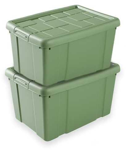 TIENDA EURASIA - Pack de 2 Cajas de Ordenación de Plástico | Con Tapa | Multiusos | Clips de Cierre | Apilables | Contenedor para Almacenar Juguetes, Ropa, Mantas (Verde, 16 Litros)