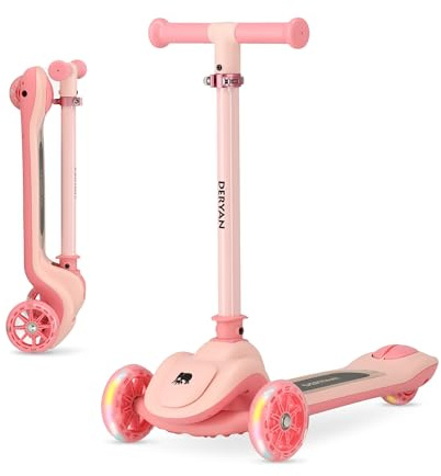 Deryan Harvey Trottinette pour Enfants à 3 Roues, Trottinette Pliable pour Tout-Petits de 3 à 7 Ans avec lumière Clignotante LED, Trottinette silencieuse pour débutants, Guidon réglable, Rose