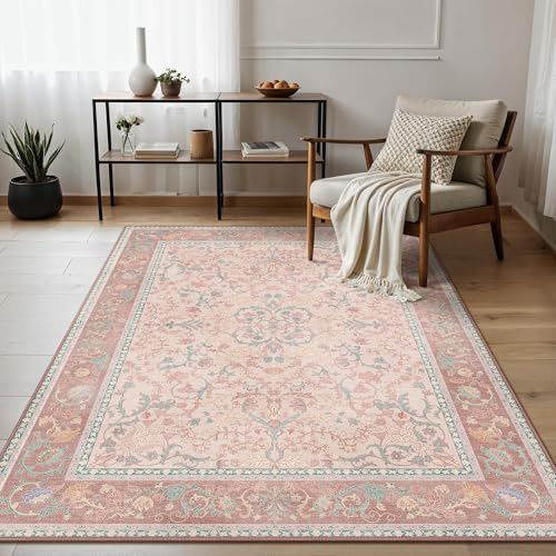 GENIMO Teppich Wohnzimmer 120X170 cm Vintage Waschbar Altrosa Creme | Boho Vintage Orientalischer Teppiche, Kurzflor Wohnzimmerteppich, Rutschfest Carpet, Groß für Schlafzimmer, Esszimmer, Büro