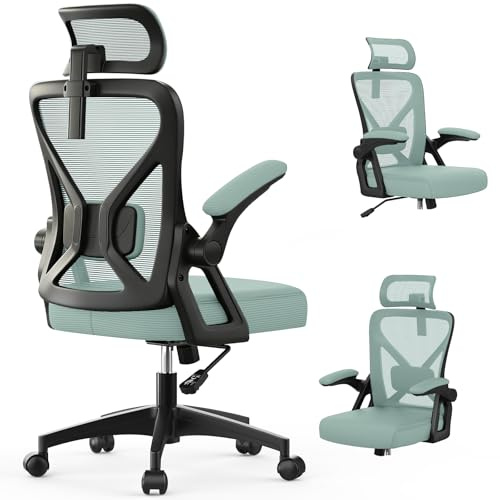 Sedia da Ufficio, Sedia Ergonomica da Scrivania con Supporto Lombare Imbottito e Braccioli Ribaltabili - Sedia da Computer con Schienale alto e Poggiatesta Regolabile per Lavoro/Studio (Verde Menta)