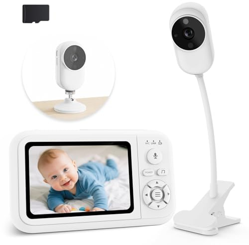 Babyphone mit Kamera, 1080P Baby Kamera Monitor mit Halterung & Bettclip Ohne WLAN, 2-Wege Audio, Weinen-Erkennung, 4X Zoom, Nachtsicht, Temperatursensor, 3,5 Zoll LCD Babyfon mit SD Karte Inklusive
