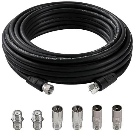 Flomiara TV Aerial Coaxial Cable F Male to F Male, 75 Ohm RG6 Coaxial High Speed TV Aerial Cabl, Fire-Resistant Aerial Connectors with 6 PCS Extension Couplers, for TV, Satellite (Black, 5 Meters)