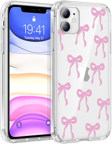 Natiiozie Compatible with iPhone 11 Case,Bow Case Ribbon Aesthetic Phone Cover, Anti-Yellowing PC Hard Back Anti-Fingerprint Shockproof Women's Case, Transparent Pink