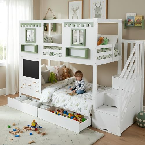 Anself Etagenbett für Kinderzimmer | Mit Stauraum, Schubladen und Lochbrett | Weiß+Grün | 90x200cm