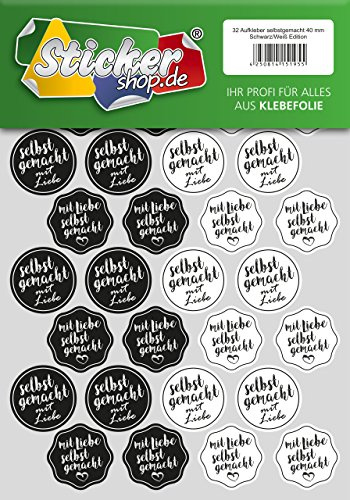 Aufkleber Selbstgemacht mit Liebe, Sticker aus edler Folie, wasserfest, verpacken, homemade, selfmade (schwarz/weiß)