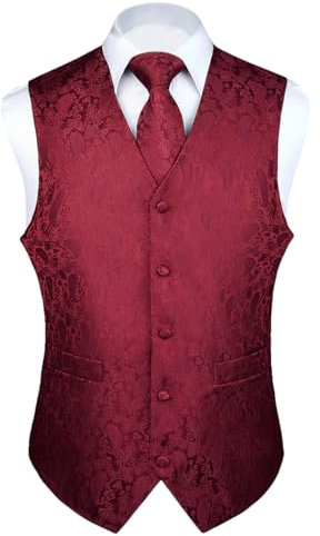 Enlision Anzugweste Weinrot Herren Hochzeit Paisley Westen und Krawatte Einstecktuch Party Floral Jacquard Anzug Weste Set XL