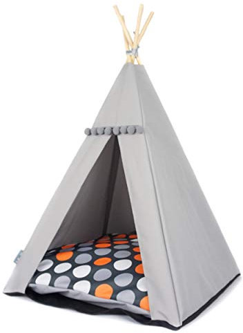 Halkalife Tipi für Katzen und Hunde mit Bommeln. Wasserdichtes Haustierzelt mit Rutschfester Basis. Hunde- und Katzenhaus. (Orangefarbene Punktefarbene Punkte, 55x55x82cm, Graues Zelt)