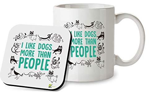 Kruzroyal SM077 I Like Dogs More Than People - 11OZ Mug & Matching Coaster Set - for Dog Dad, Dog Mum, Dog Parent, Dog Lover