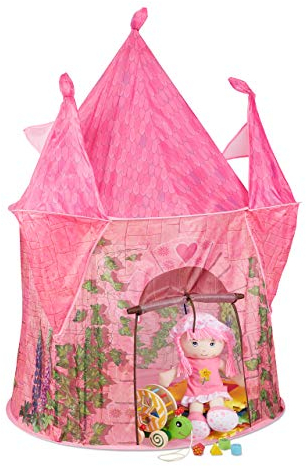 Relaxdays Spielzelt Mädchen, Kinderspielzelt Prinzessin Schloss, Spielhöhle drinnen & draußen, HBT: 142x102x102 cm, rosa