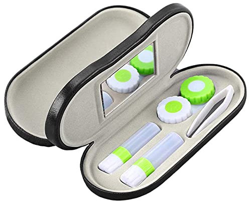 Zettokete 2 in 1 Contact Lens Case and Glasses Case,Double Sided Dual Use Design with Mirror, Tweezer and Contact Lens Solution Bottle,Portable Soak Storage Kit for Travel,Office(Green)