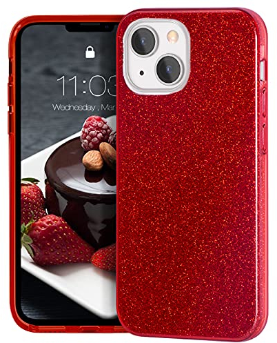 MATEPROX Glitter Case Compatible with iPhone 13 Case Anti-Slip Sparkly Bling Protective Cover for Women, Slim Shockproof Crystal Hard Shell Cases for iPhone 13 6.1''-Red