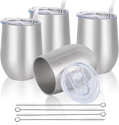 Joymaking 4 Stück Weinbecher Edelstahl, Stemless Weinbecher mit Deckel, Doppelwandige Unbreakable Travel Becher für Milk, Kaffee, Wein, Bier, Champagner, Cocktails, Silber